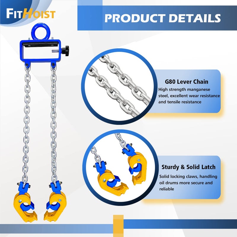 FITHOIST Updated Chain Drum Lifter | 2200 lbs Vertical Drum Lifter Chain Sling with Self-Lock Hook | Drum Handling Equipment 1 ton Capacity | Fit for metal Strap and plastic lid Drums - Image 4
